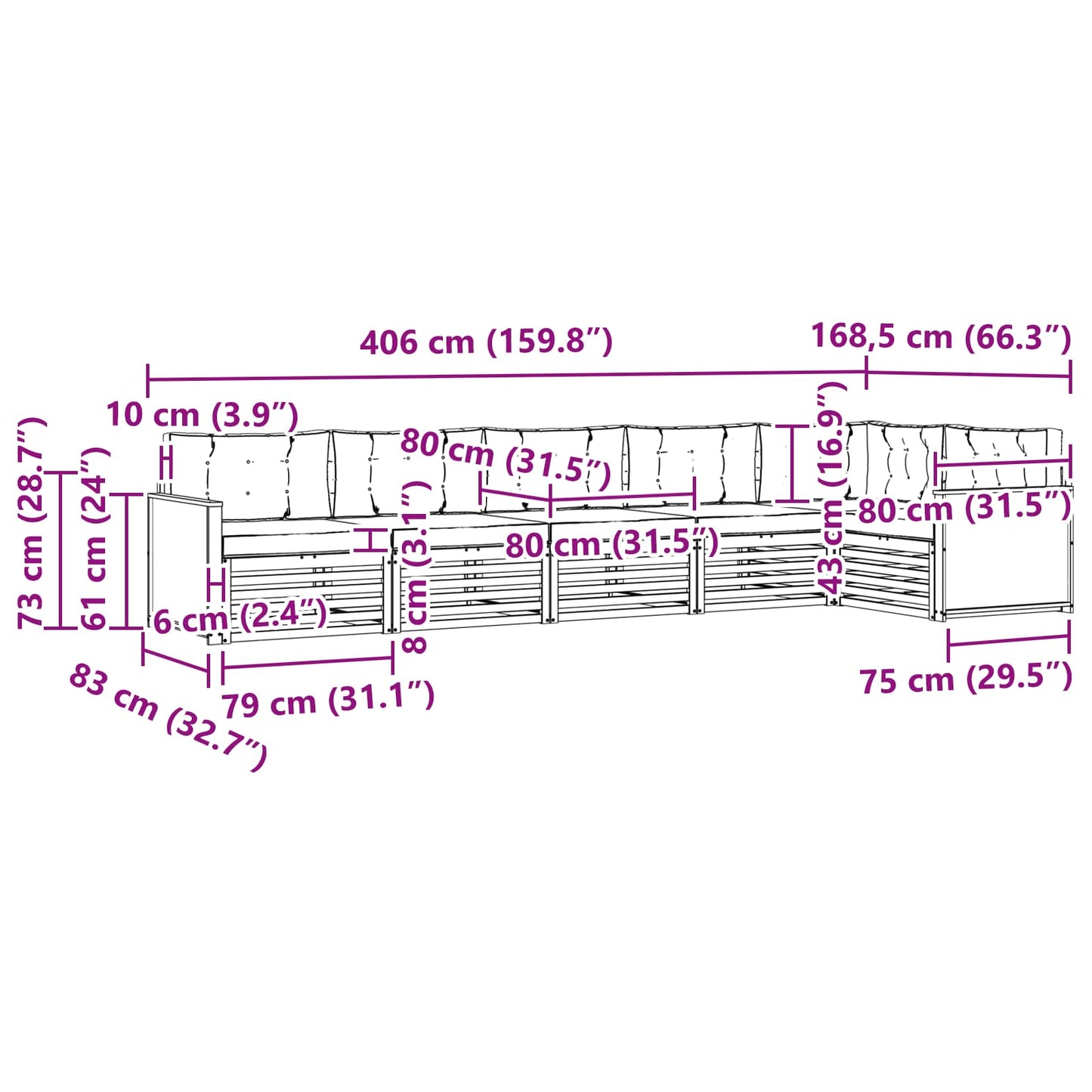 Udendørs Sofagruppe 6 Dele Naturlig Og Fløde 406 X 168,5 X 73 Cm - Billede 8