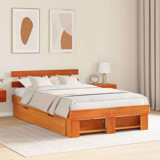 Sengestel Med Hovedgærde Brun 135 X 190 Cm Massivt Fyrretræ - Hovedbillede