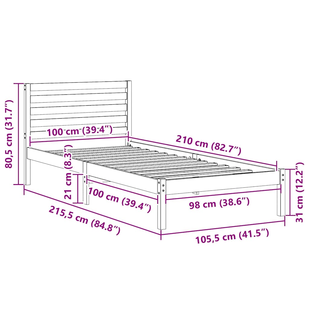 Sengestel Med Hovedgærde Hvid 100 X 210 Cm Massivt Fyrretræ - Billede 10