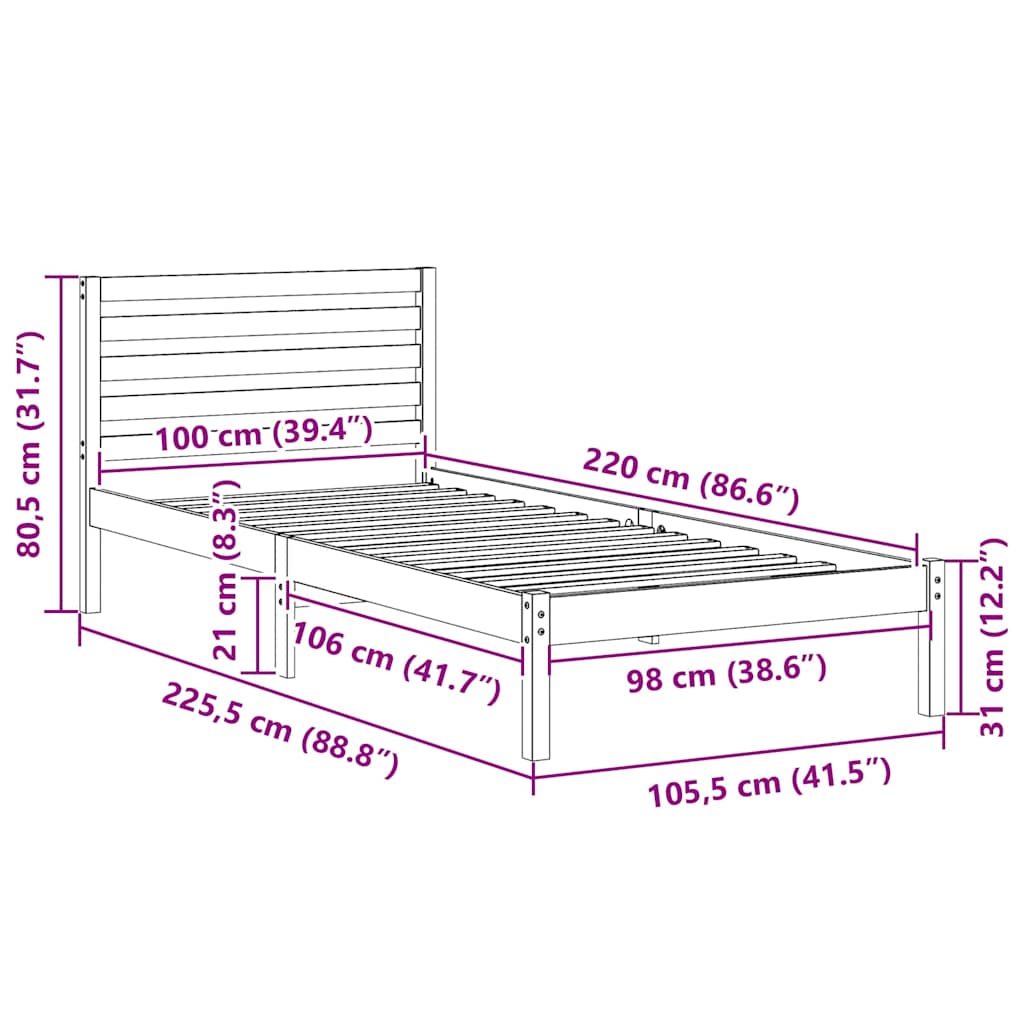 Sengestel Med Hovedgærde Hvid 100 220 Cm Massivt Fyrretræ - Billede 10