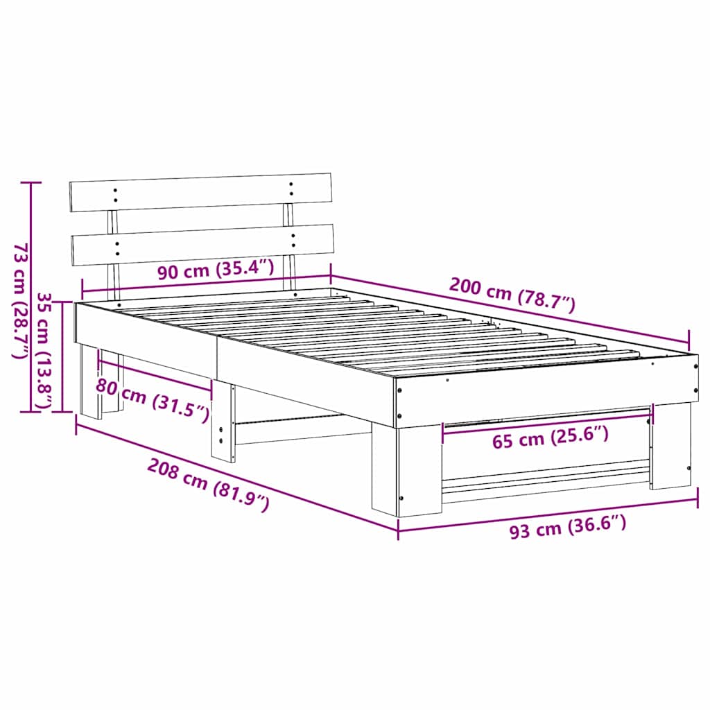 Sengestel Med Hovedgærde Hvid 90 X 200 Cm Massivt Fyrretræ - Billede 10