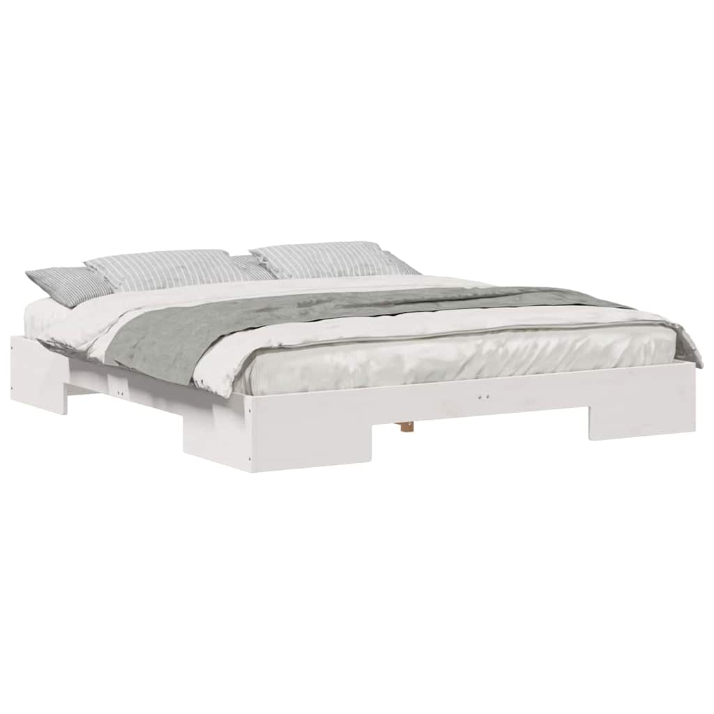 Gulv Seng Ramme Med Opbevaring Hvid Massivt Fyrretræ - Billede 3