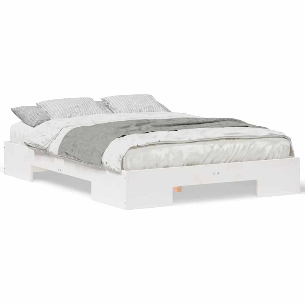 Gulv Seng Ramme Med Opbevaring Hvid Massivt Fyrretræ - Billede 4