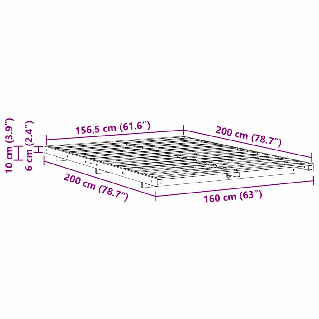 Gulv Seng Ramme Hvid 160 X 200 Cm Massivt Fyrretræ - Billede 10
