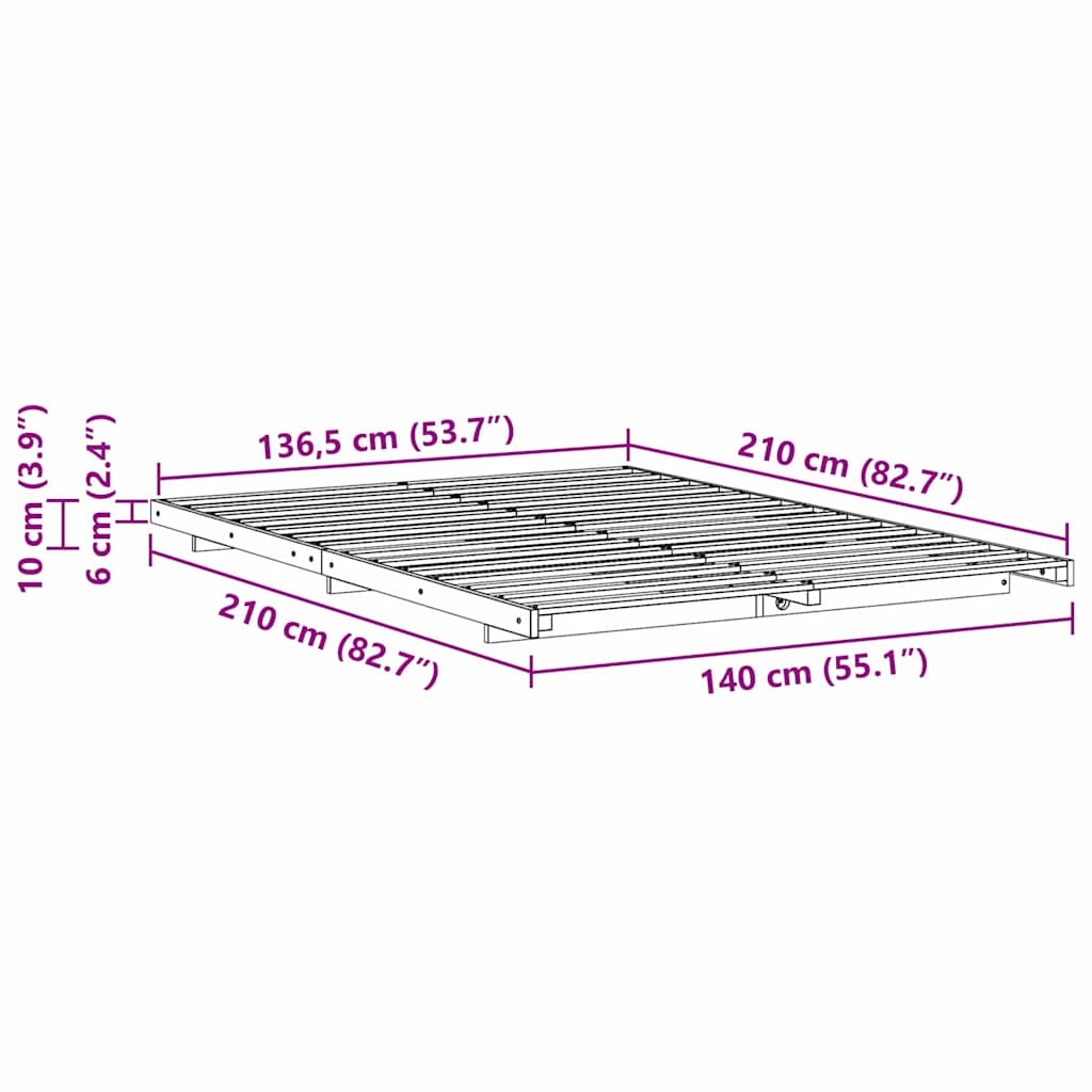 Gulv Seng Ramme Brun 140 X 210 Cm Massivt Fyrretræ - Billede 10
