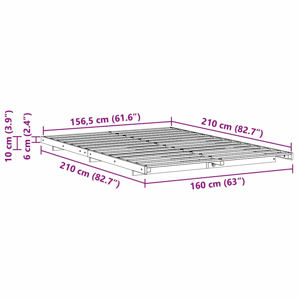 Gulv Seng Ramme Hvid 160 X 210 Cm Massivt Fyrretræ - Billede 10