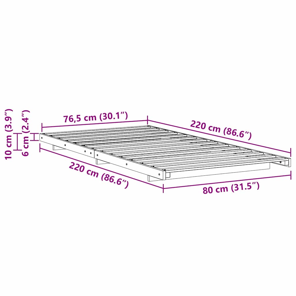 Gulv Seng Ramme Hvid 80 X 220 Cm Massivt Fyrretræ - Billede 10