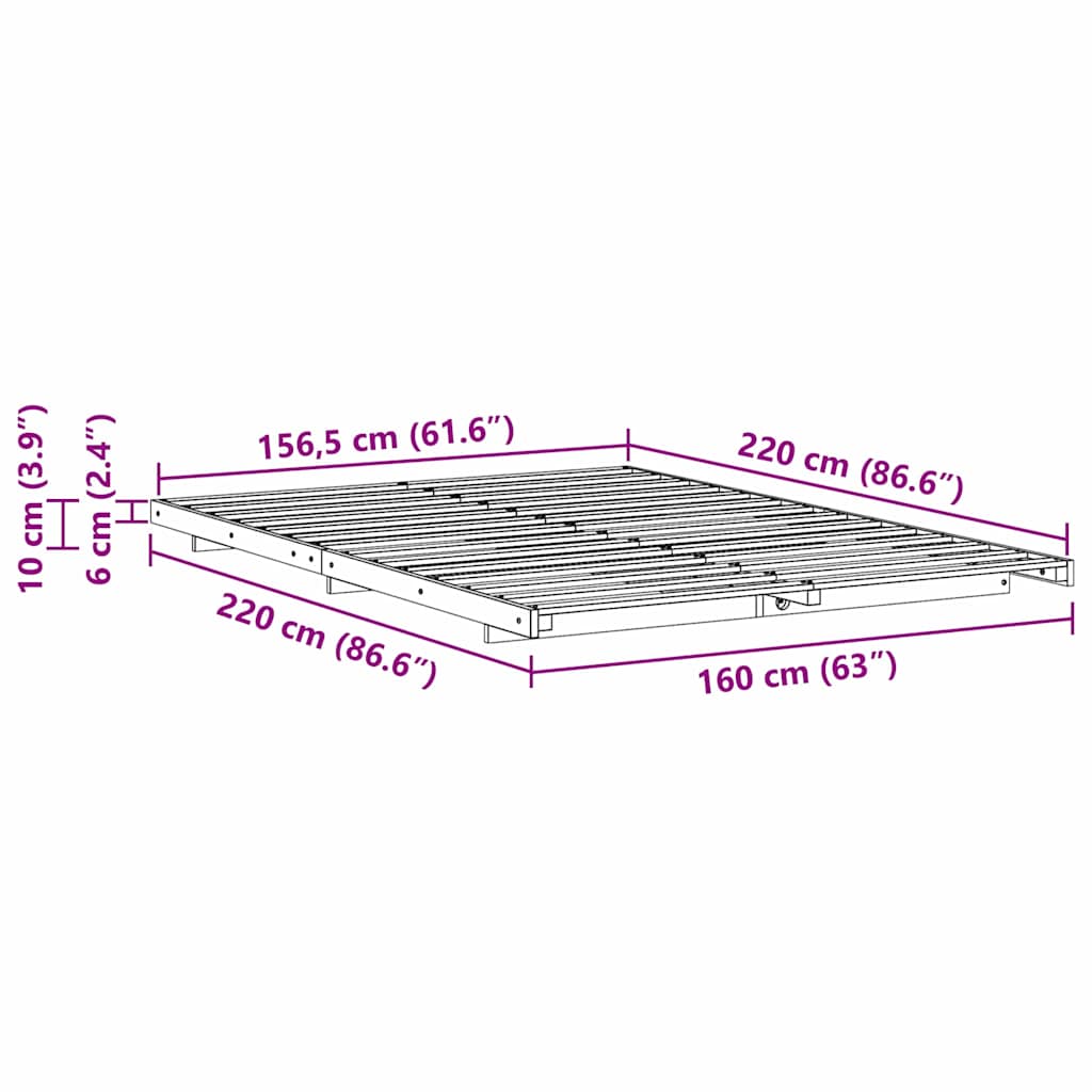 Gulv Seng Ramme Hvid 160 X 220 Cm Massivt Fyrretræ - Billede 10