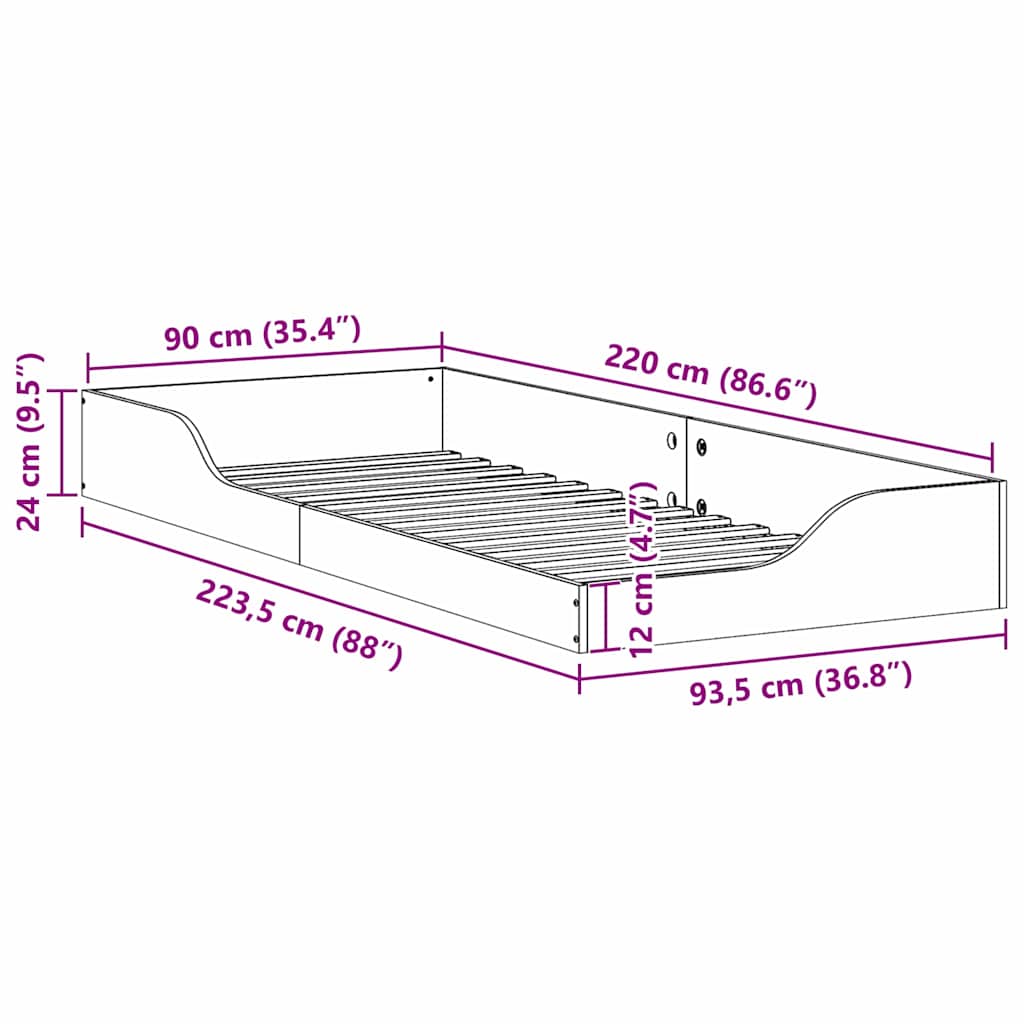 Gulv Seng Ramme Hvid 90 X 220 Cm Massivt Fyrretræ - Billede 10