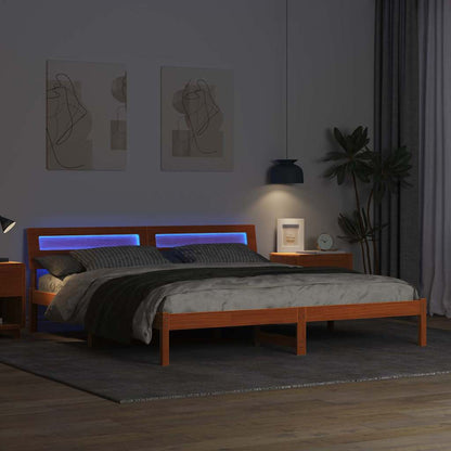 Sengestel Med Led -strimmellys Brun 200 X 200 Cm Massivt Træ - Billede 4