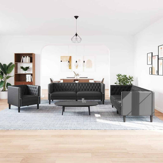 Sofa Sæt 3 Pcs Sort 194 X 74.5 X 70.5 Cm Kunstlæder - Hovedbillede