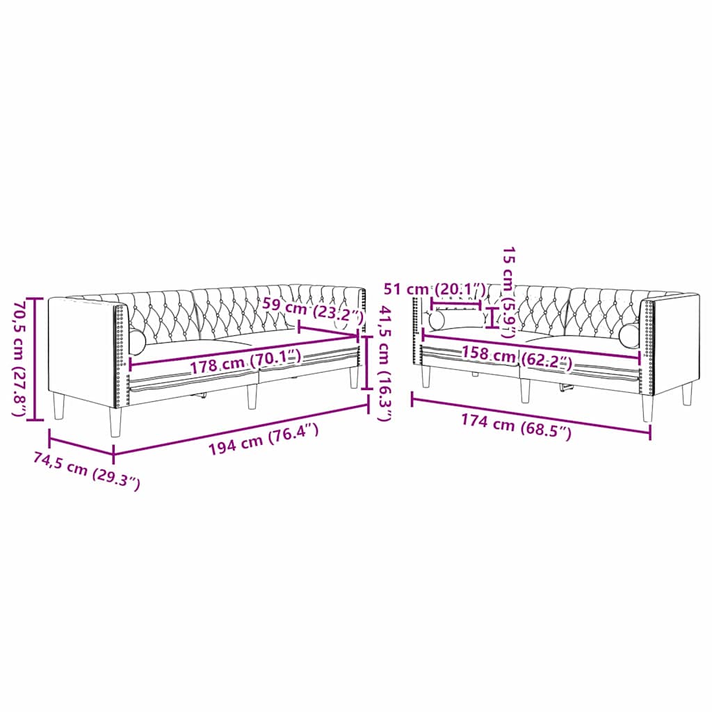 Stue Sofa 2 Dele 194 X 74,5 X 70,5 Cm Fløjl - Billede 8