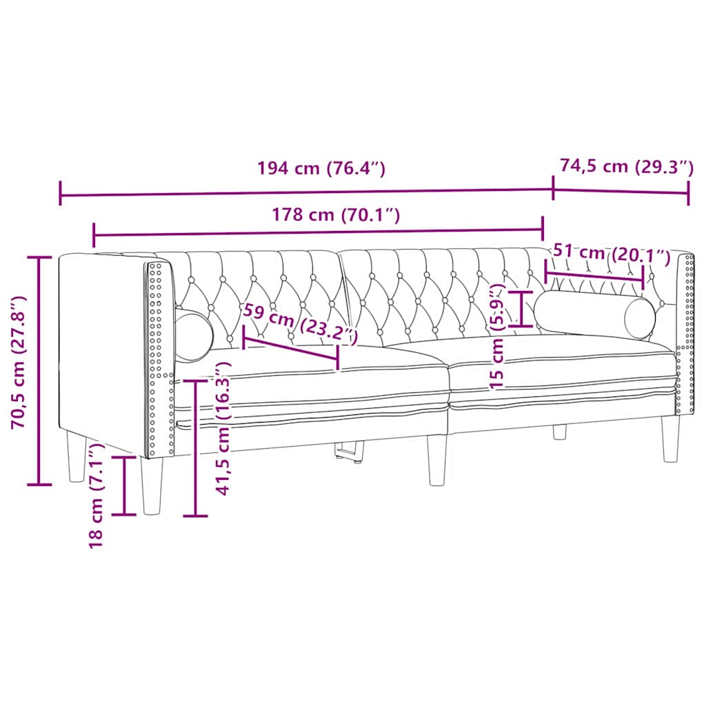 Stue Sofa 3 Dele 194 X 74,5 X 70,5 Cm Fløjl - Billede 9