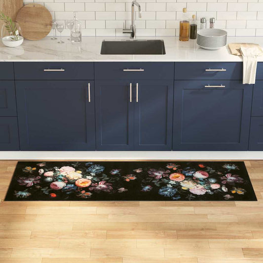 Køkken Måtte Blomstret Sort 180 X 60 Cm Fløjl - Hovedbillede