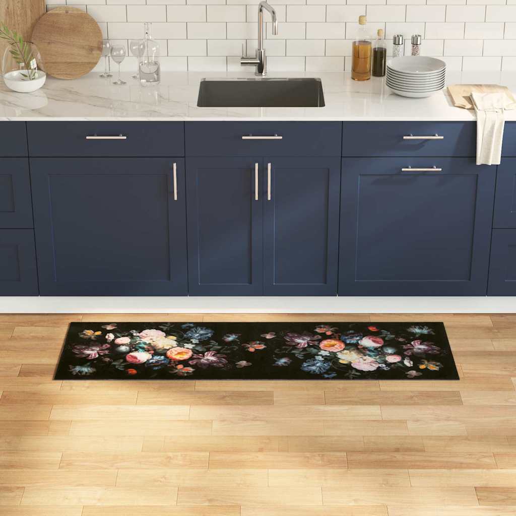 Køkken Måtte Blomstret Sort 150 X 45 Cm Fløjl - Hovedbillede