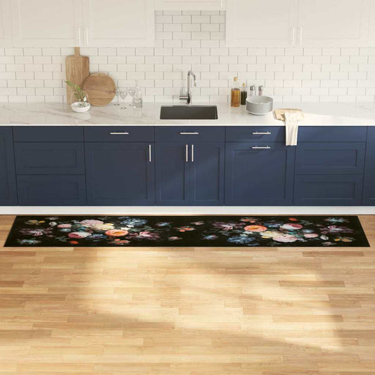 Køkken Måtte Blomstret Sort 300 X 60 Cm Fløjl - Hovedbillede