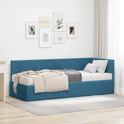 Hjørnesengramme Med Madras Med Hovedgærde Blå 80 X 200 Cm Fløjl - Hovedbillede