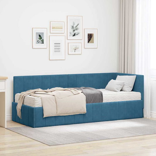 Hjørnesengramme Med Madras Med Hovedgærde Blå 80 X 200 Cm Fløjl - Hovedbillede