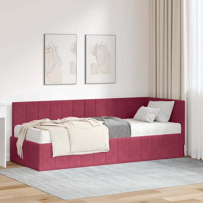 Hjørnesengramme Med Madras Vinrød 80 X 200 Cm Fløjl - Hovedbillede
