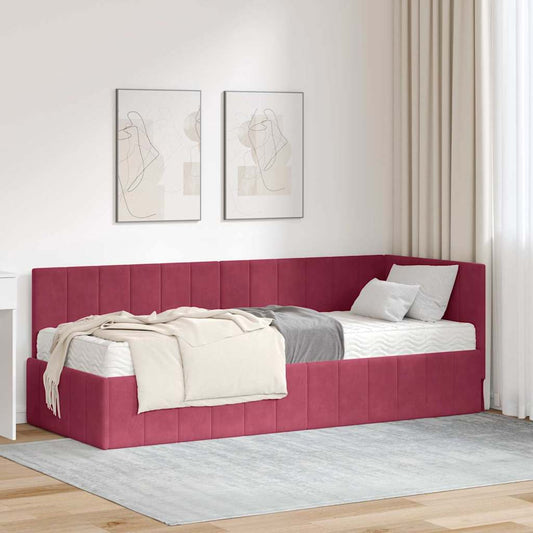 Hjørnesengramme Med Madras Vinrød 80 X 200 Cm Fløjl - Hovedbillede