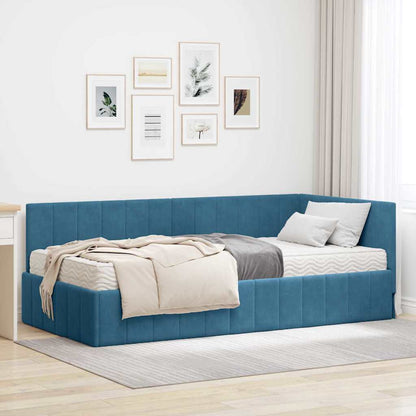 Hjørnesengramme Med Madras Med Hovedgærde Blå 90 X 200 Cm Fløjl - Hovedbillede
