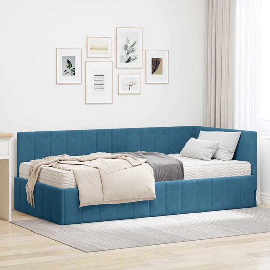Hjørnesengramme Med Madras Med Hovedgærde Blå 90 X 200 Cm Fløjl - Hovedbillede