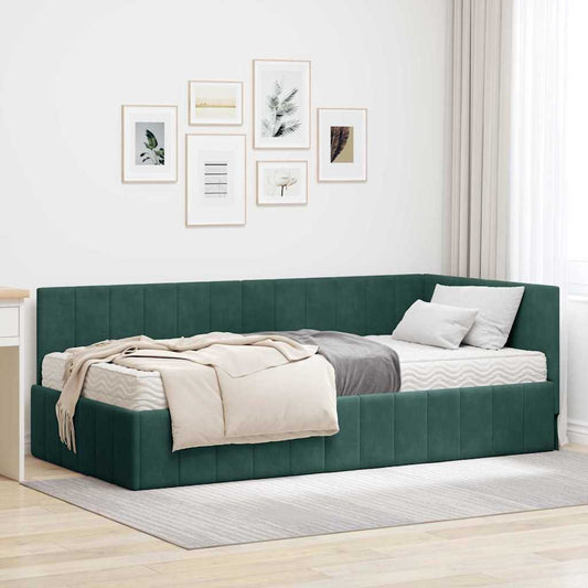 Hjørnesengramme Med Madras Mørkegrøn 90 X 200 Cm Fløjl - Hovedbillede