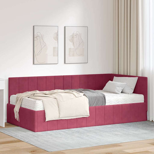 Hjørnesengramme Med Madras Vinrød 90 X 200 Cm Fløjl - Hovedbillede
