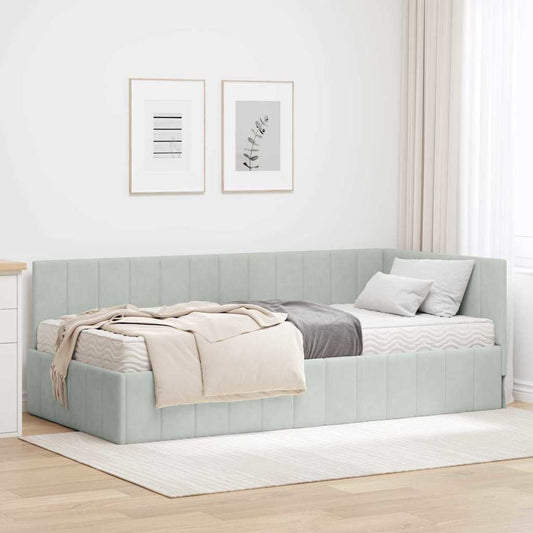 Hjørnesengramme Med Madras Lysegrå 100 X 200 Cm Fløjl - Hovedbillede