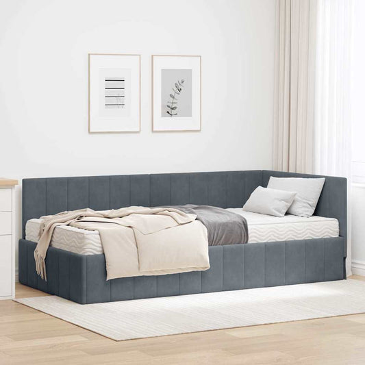 Hjørnesengramme Med Madras Mørkegrå 100 X 200 Cm Fløjl - Hovedbillede