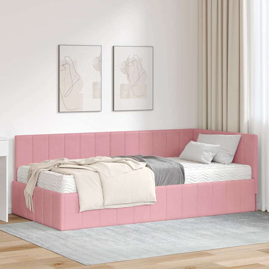 Hjørnesengramme Med Madras Lyserød 100 X 200 Cm Fløjl - Hovedbillede