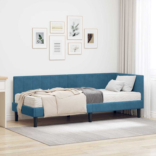 Hjørnesengramme Med Madras Med Hovedgærde Blå 80 X 200 Cm Fløjl - Hovedbillede