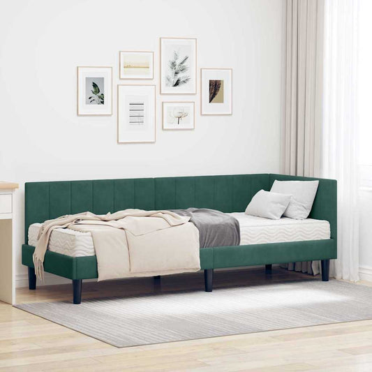 Hjørnesengramme Med Madras Mørkegrøn 80 X 200 Cm Fløjl - Hovedbillede