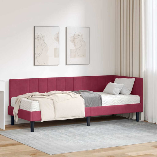 Hjørnesengramme Med Madras Vinrød 80 X 200 Cm Fløjl - Hovedbillede