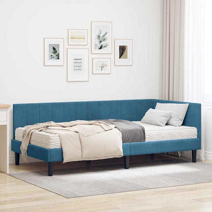 Hjørnesengramme Med Madras Med Hovedgærde Blå 90 X 190 Cm Fløjl - Hovedbillede