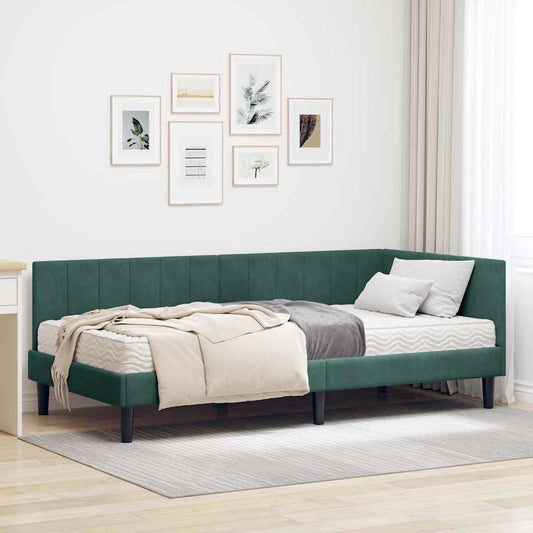 Hjørnesengramme Med Madras Mørkegrøn 90 X 190 Cm Fløjl - Hovedbillede