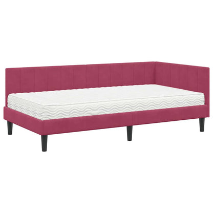 Hjørnesengramme Med Madras Vinrød 90 X 190 Cm Fløjl - Billede 2