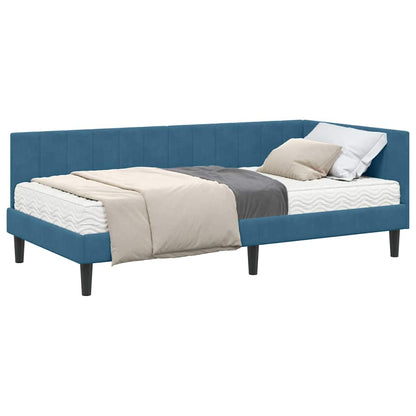 Hjørnesengramme Med Madras Med Hovedgærde Blå 90 X 200 Cm Fløjl - Billede 3