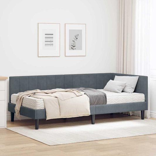 Hjørnesengramme Med Madras Mørkegrå 90 X 200 Cm Fløjl - Hovedbillede