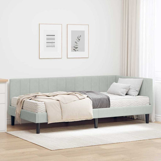 Hjørnesengramme Med Madras Lysegrå 100 X 200 Cm Fløjl - Hovedbillede