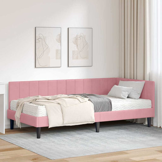Hjørnesengramme Med Madras Lyserød 100 X 200 Cm Fløjl - Hovedbillede