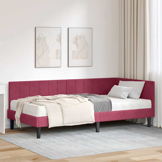 Hjørnesengramme Med Madras Vinrød 100 X 200 Cm Fløjl - Hovedbillede