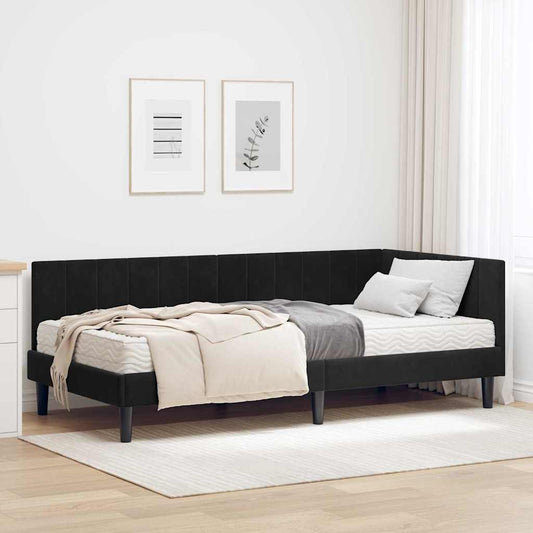 Hjørnesengramme Med Madras Sort 100 X 200 Cm Fløjl - Hovedbillede