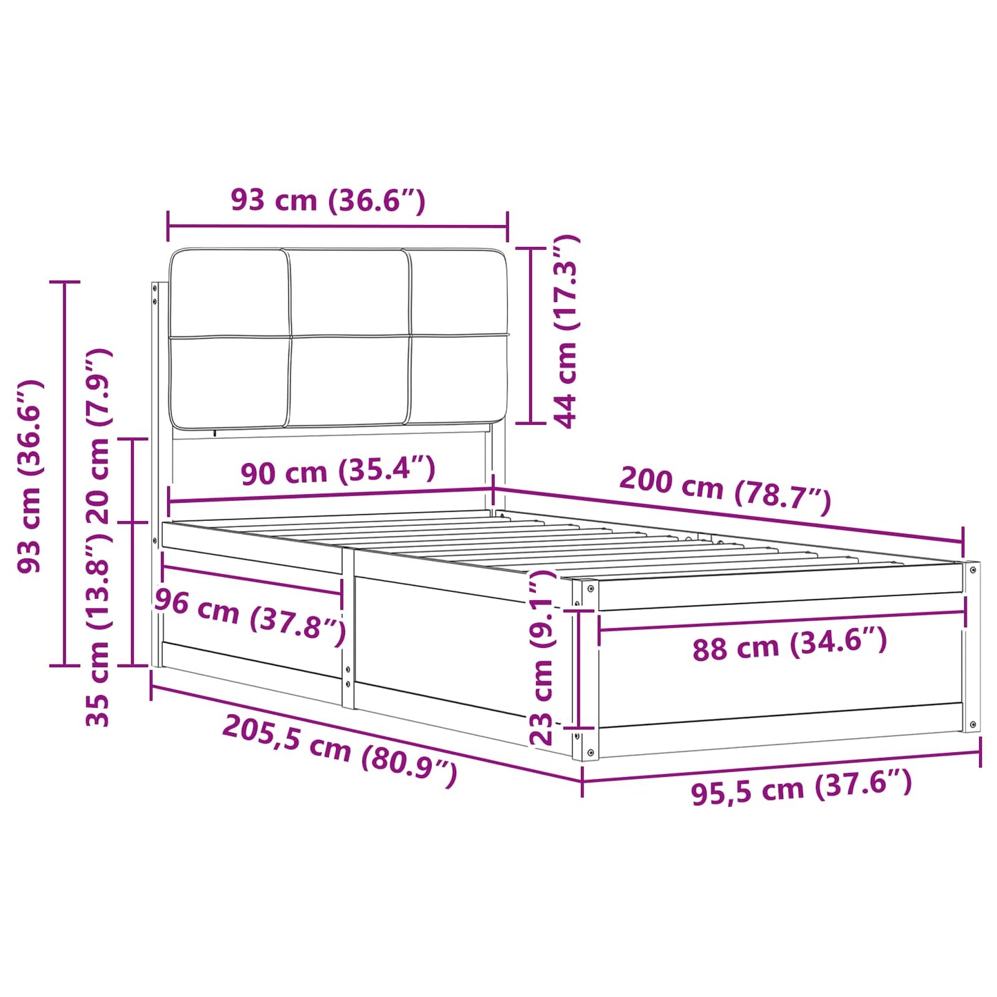 Sengestel Med Polstret Hovedgavl 90 X 200 Cm - Billede 11