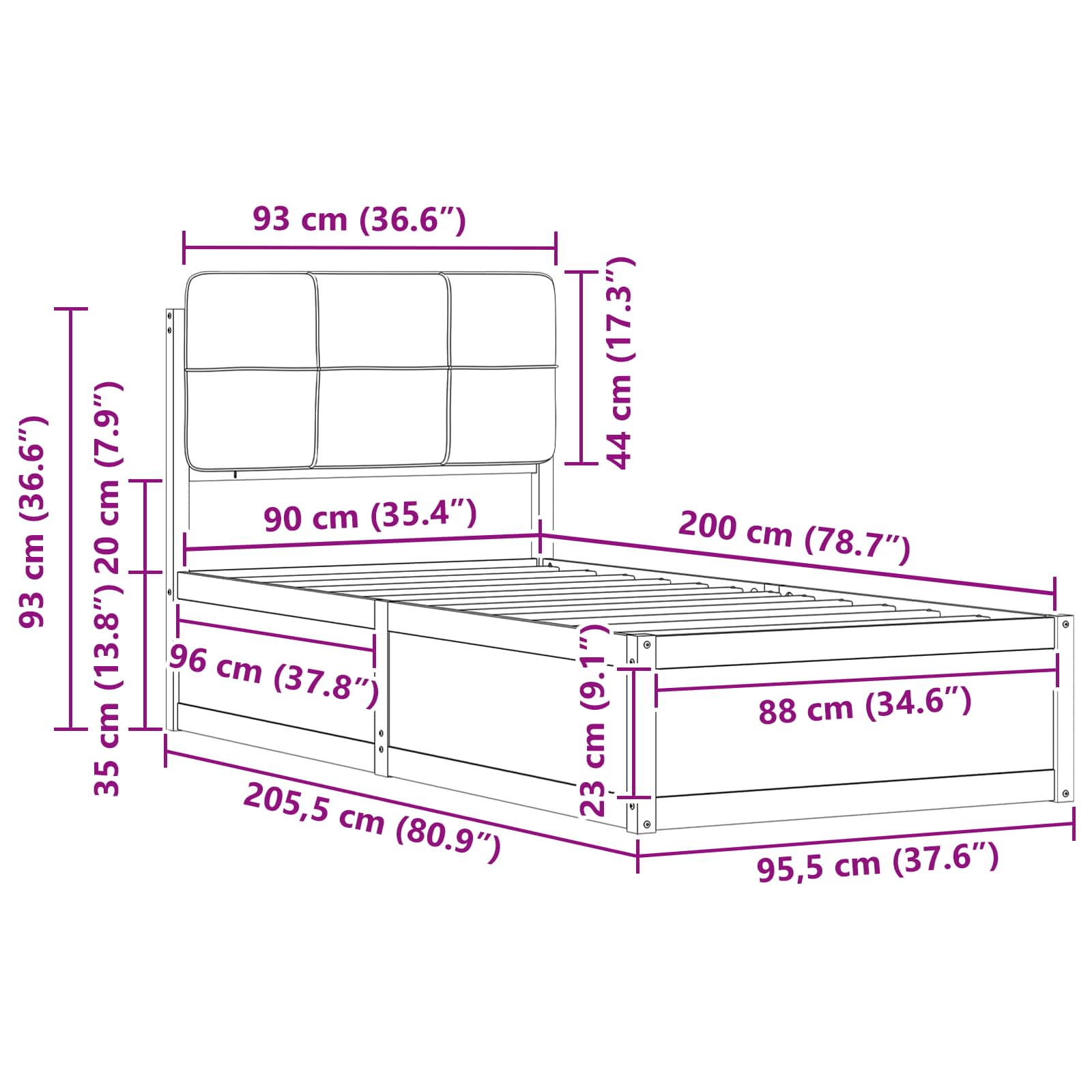 Sengestel Med Polstret Hovedgavl 90 X 200 Cm - Billede 11