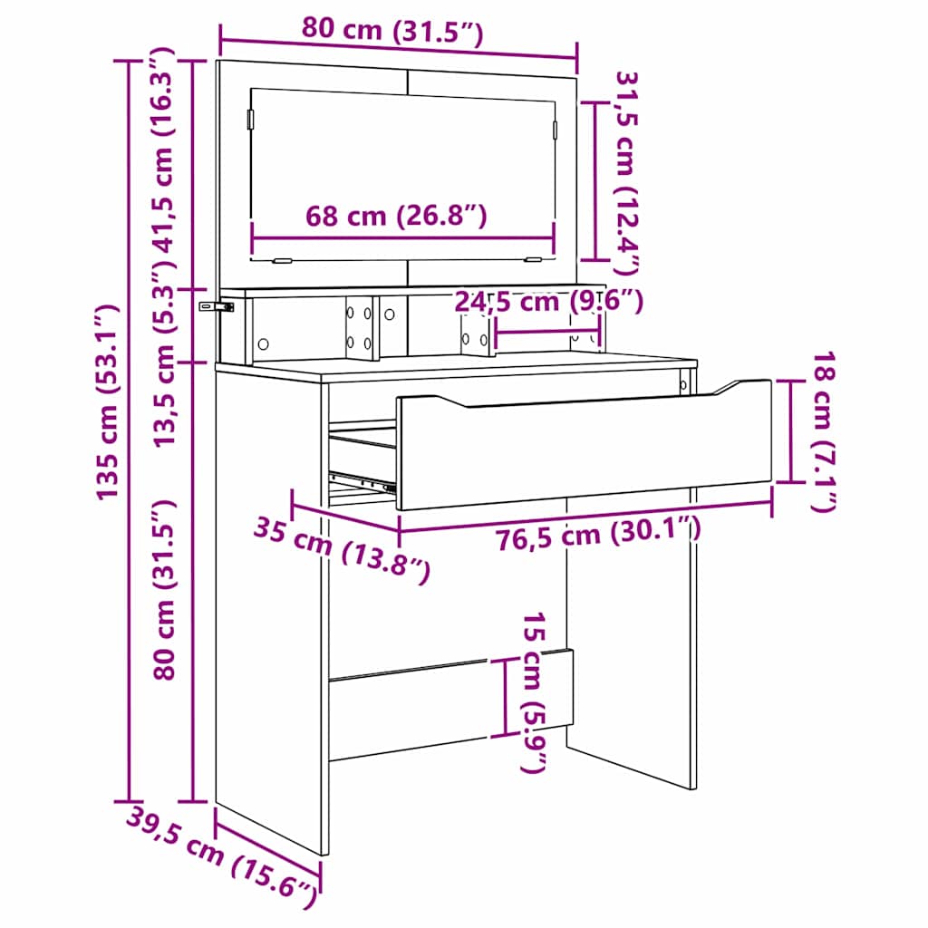 Soveværelsessminkeborde 80 X 39,6 X 135 Cm Konstrueret Træ - Billede 13