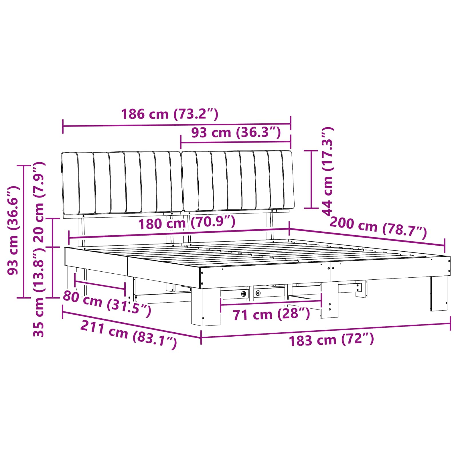 Sengestel Med Polstret Hovedgavl 180 X 200 Cm - Billede 11
