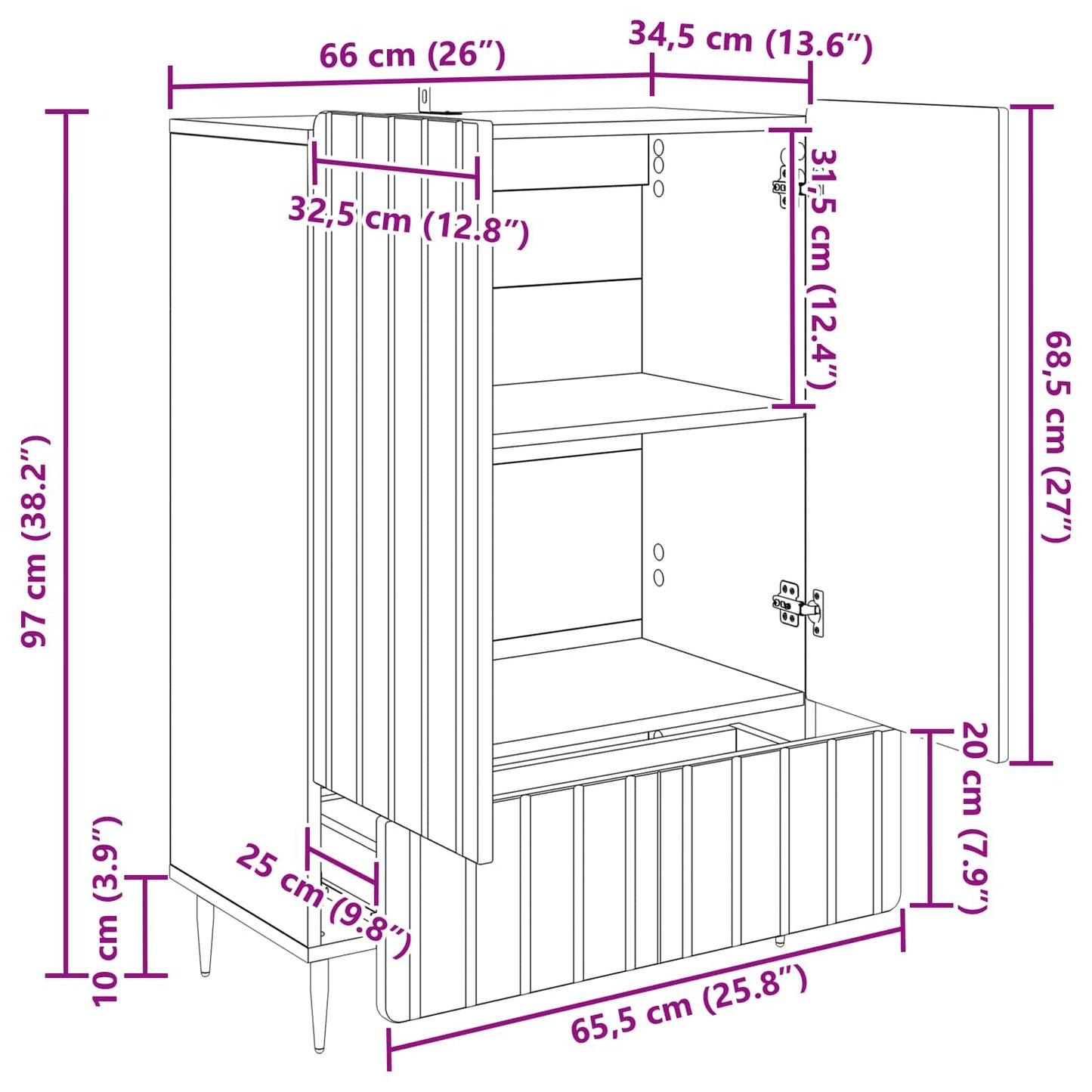 Sideboard Med Skuffe 66 X 34,5 X 97 Cm Konstrueret Træ - Billede 9