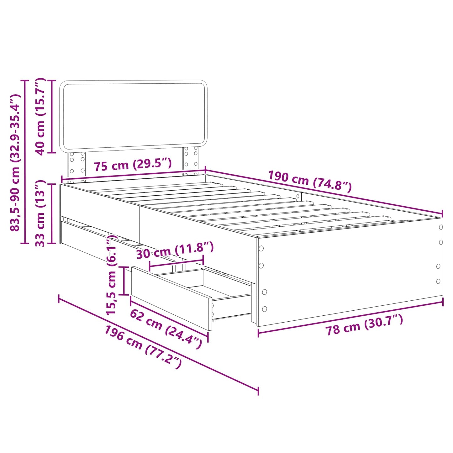 Sengestel Med Skuffe Sonoma Eg 75 X 190 Cm Konstrueret Træ - Billede 14