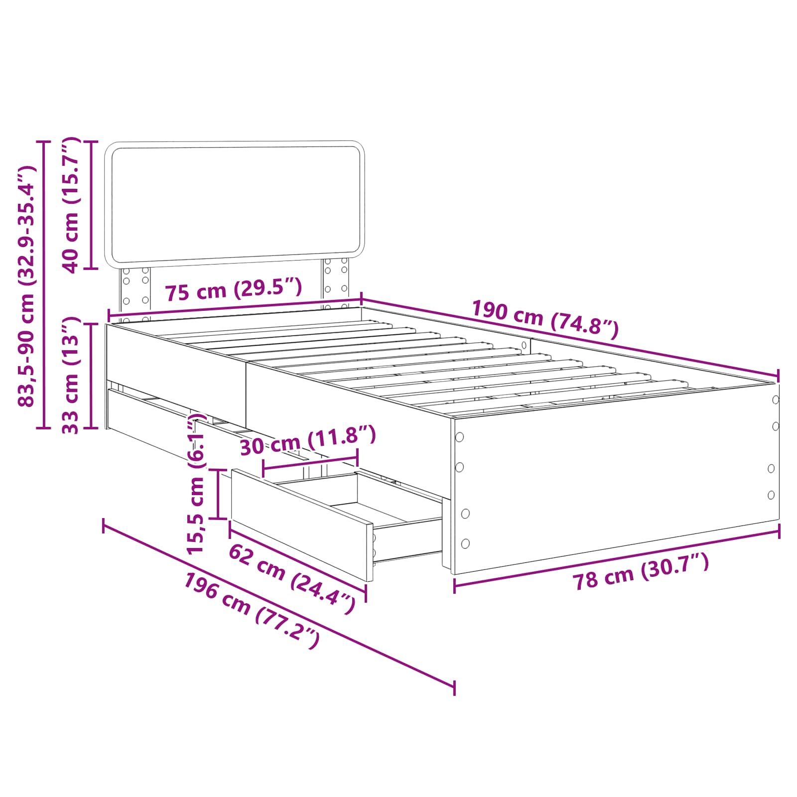 Sengestel Med Skuffe Sonoma Eg 75 X 190 Cm Konstrueret Træ - Billede 14